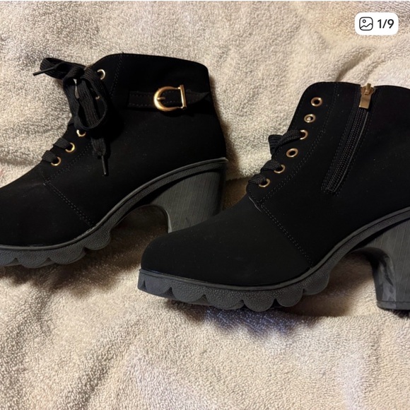 Black Ankle Boots with Gold Accents - Picture 10 of 10